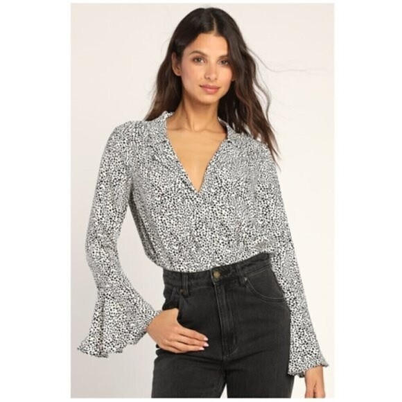 Lulu's Always Lovely Ivory and Black Print Long Sleeve Bodysuit Size S - Picture 1 of 13